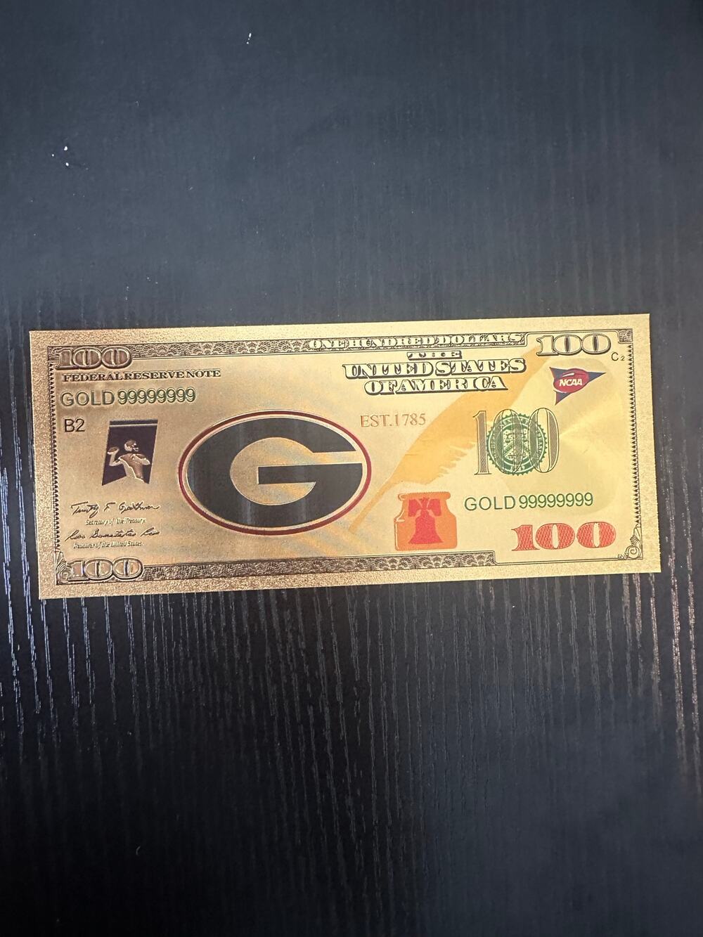 Georgia Bulldogs Football Gold Foil $100 Novelty Collectible Note